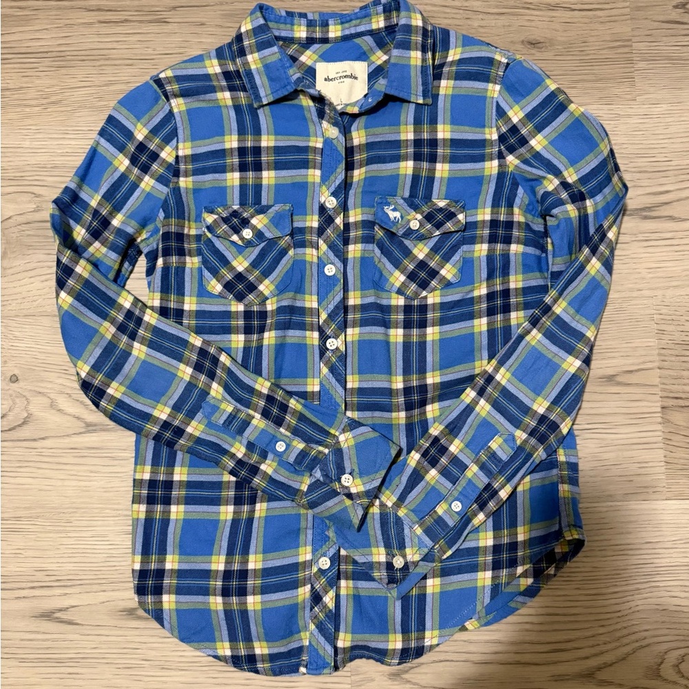 Abercrombie & Fitch Blue Gray Plaid Long Sleeve Button-Down Boy's Size Large